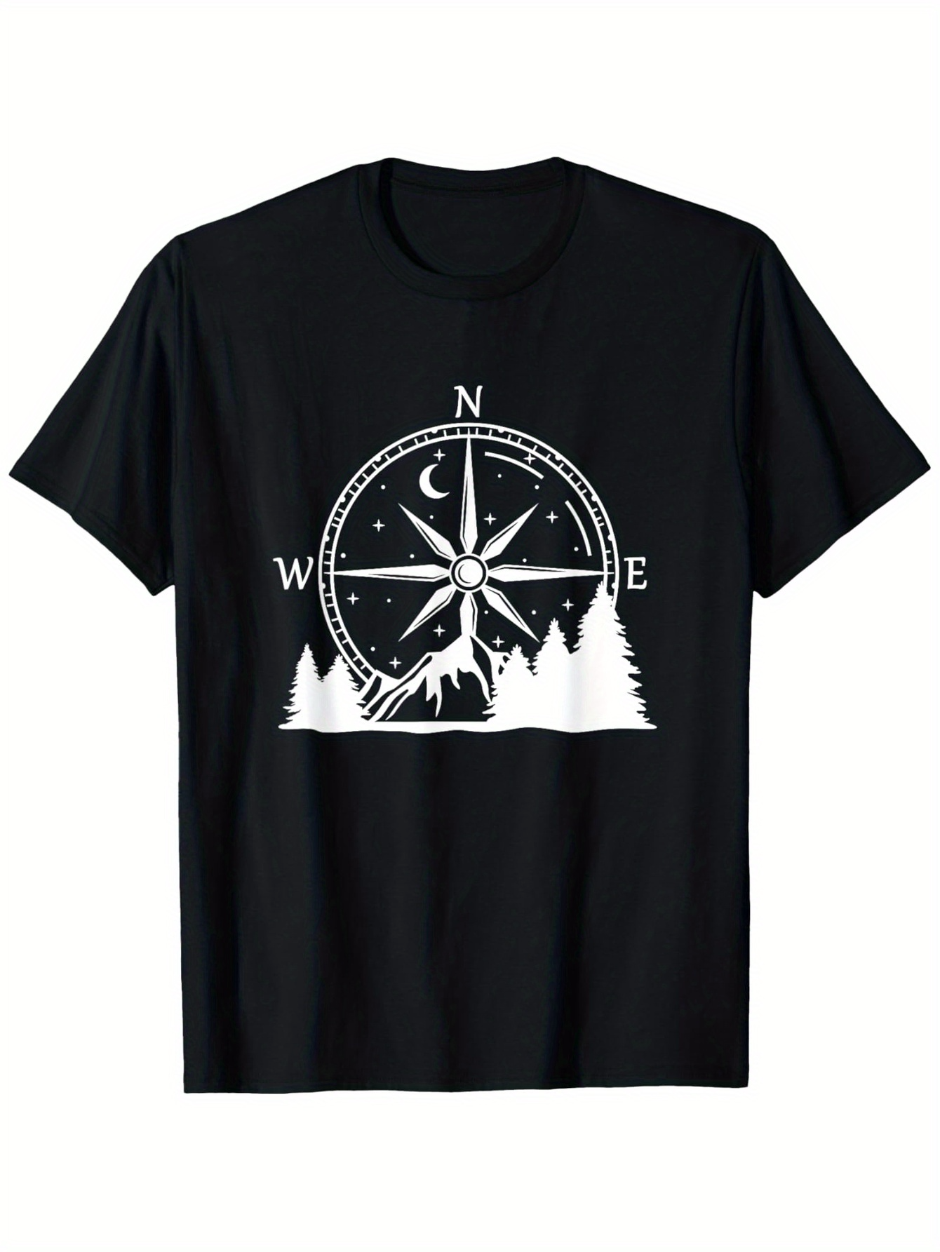 Men's Graphic T-Shirt Night Sky With Trees Mountain Wolf And Compass