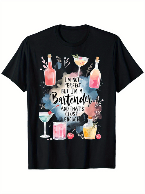 Men's Graphic T-Shirt Im Not Perfect But Im A Bartender Watercolor Cocktails And Colorful Drinks Glass