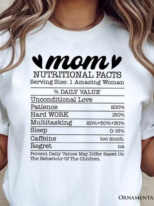 Women's Graphic T-Shirt Mom Nutritional Facts With Playful Serving Size And Heart Motifs T Shirt