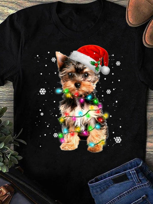 Women's Graphic T-Shirt Adorable Yorkshire Terrier With Santa Hat Surrounded By Colorful Christmas Lights Terrier