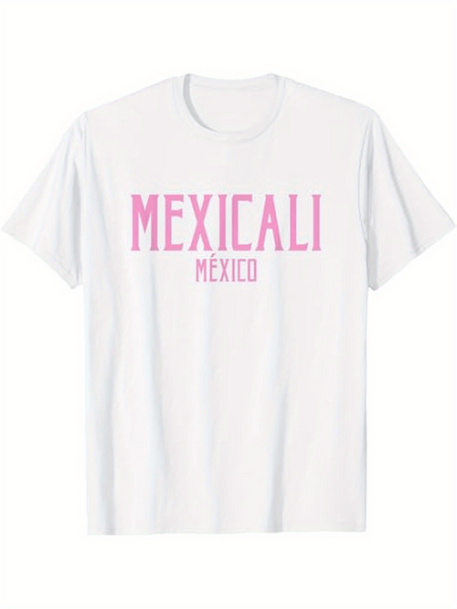 Men's Graphic T-Shirt Mexicali Mexico Minimal Pink Letters Over Bright White Shirt