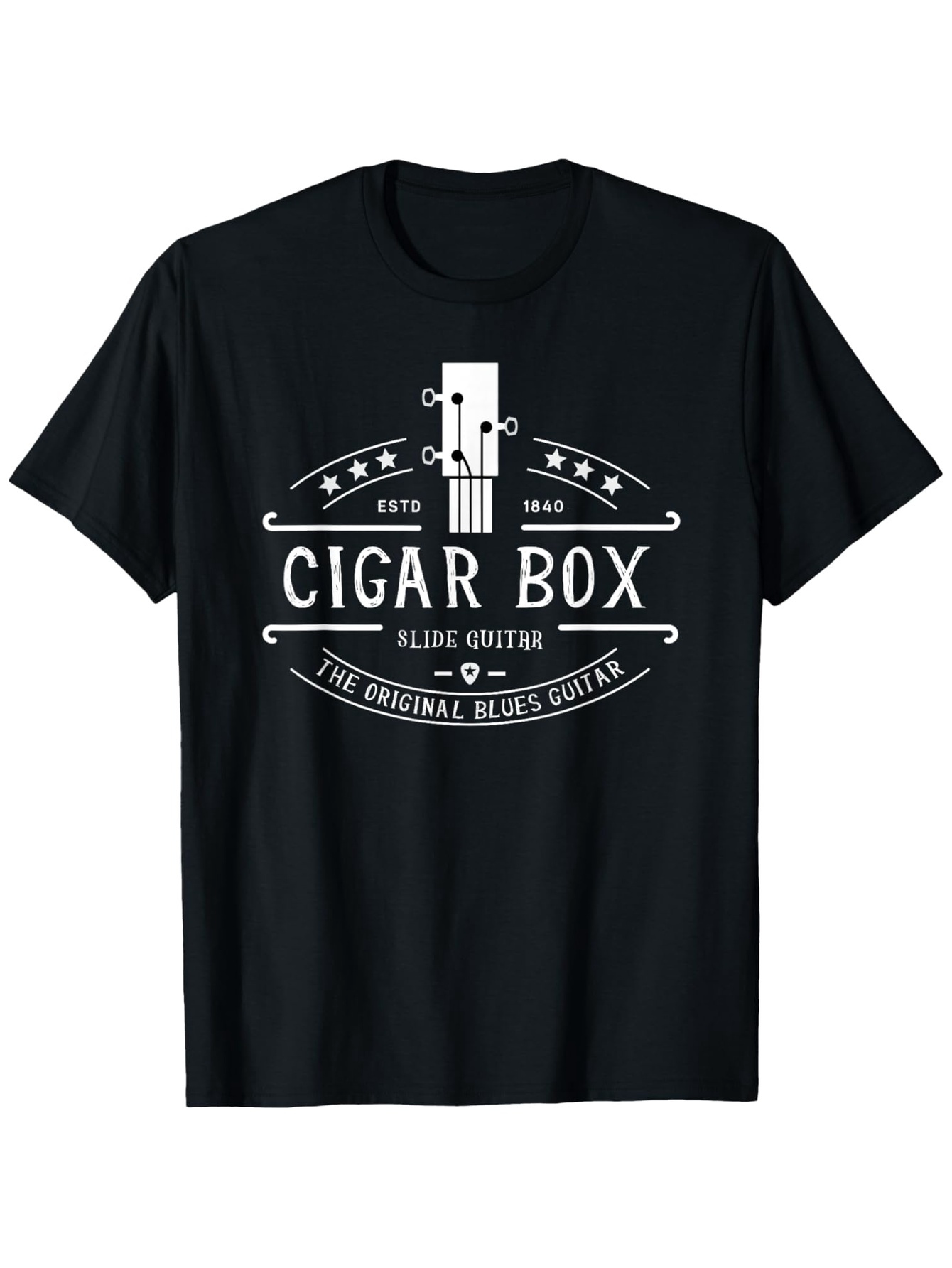 Men's Graphic T-Shirt Cigar Box Acoustic Guitar Art With Retro Banner Accents And Stars