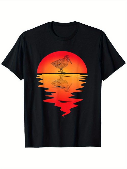 Men's Graphic T-Shirt Radiant Sunset Reflection With Wading Bird And Gentle Rippling Water