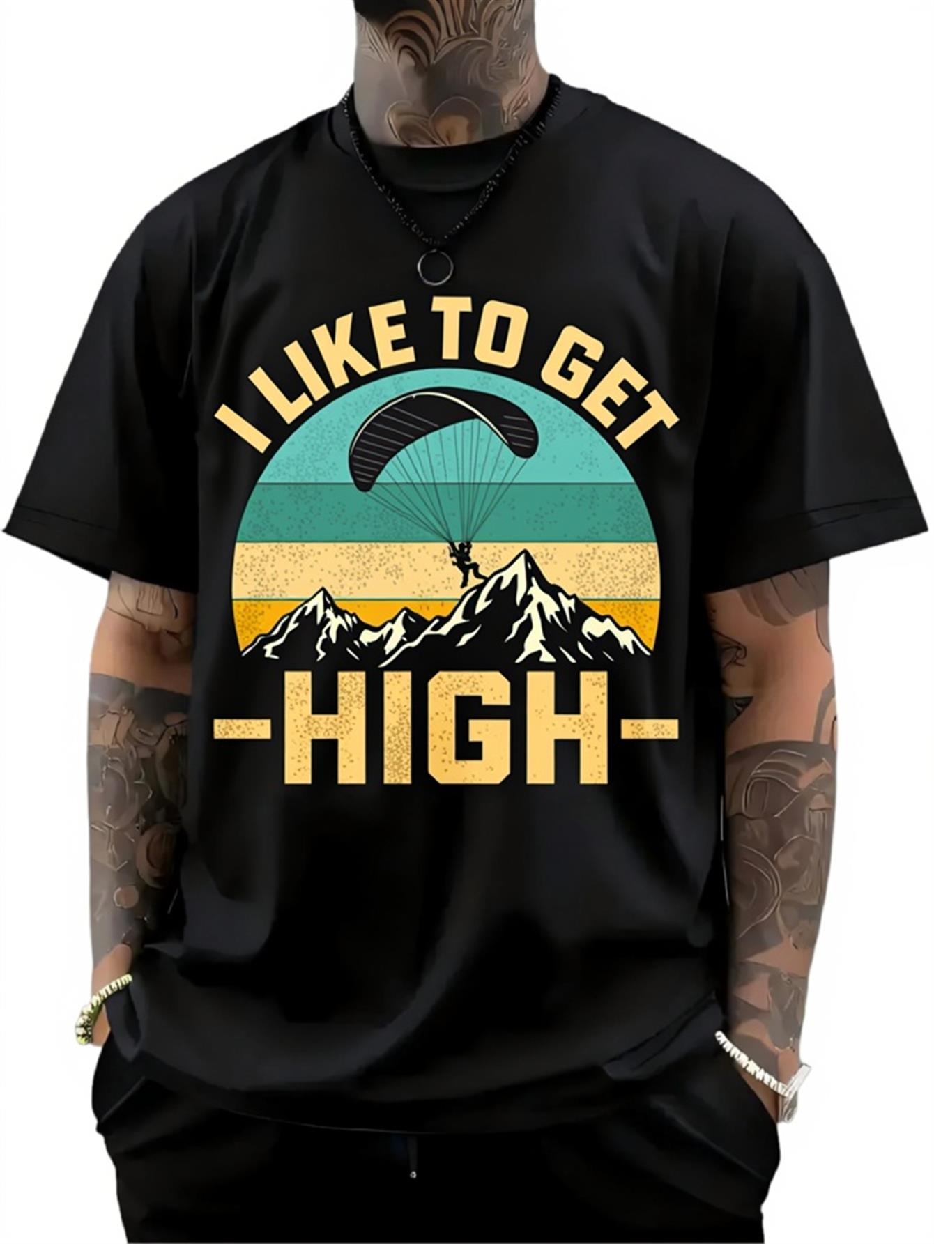 Men's Graphic T-Shirt I Like To Get High Paraglider Above Colorful Sunset Mountain Peaks