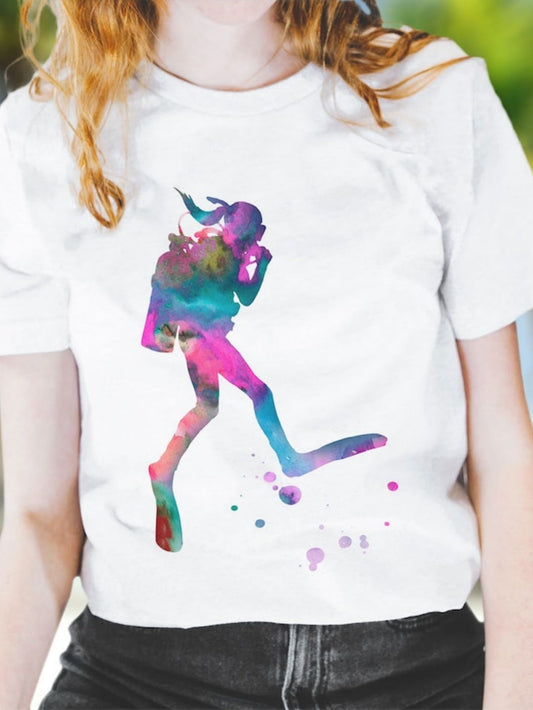 Women's Graphic T-Shirt Colorful Watercolor Effect With Splattered Paint Silhouette Backpacker