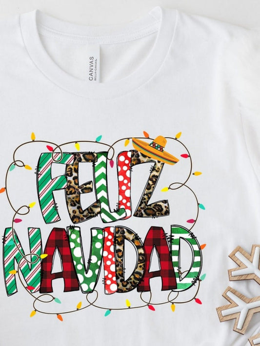 Women's Graphic T-Shirt Colorful Holiday Lights With Decorative Patterns Surrounding Festive Feliz Navidad Letters