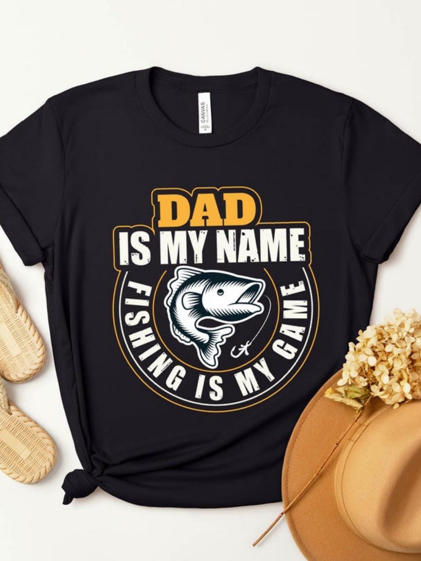Women's Graphic T-Shirt Dad Is My Name Circular Badge With Leaping Fish Surrounded By Bold Lettering