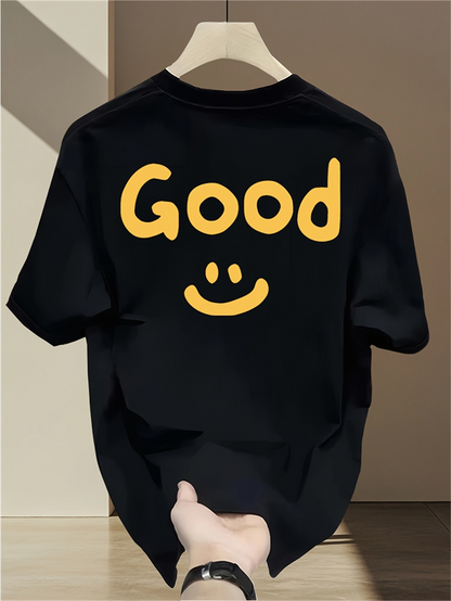 Men's Graphic T-Shirt Playful Yellow Letters And Smiling Face Print Good