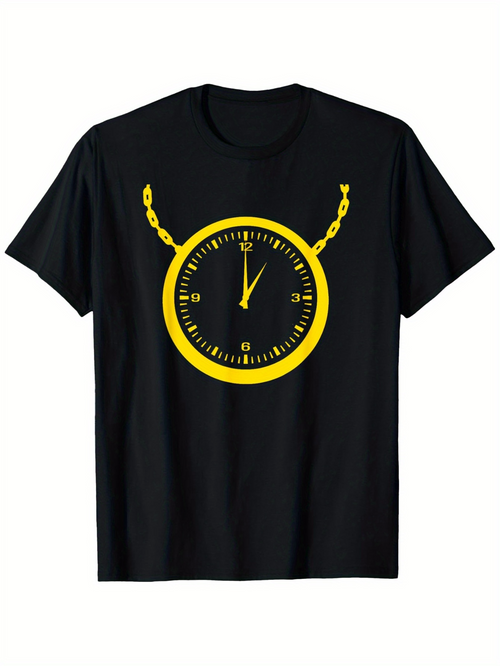 Men's Graphic T-Shirt Golden Chain With Yellow Clock Pendant Design Watch