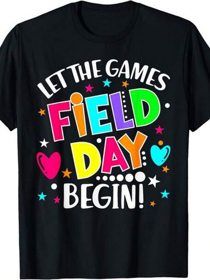 Men's Graphic T-Shirt Let The Games Begin With Colorful Stars And Playful Letters Field Day