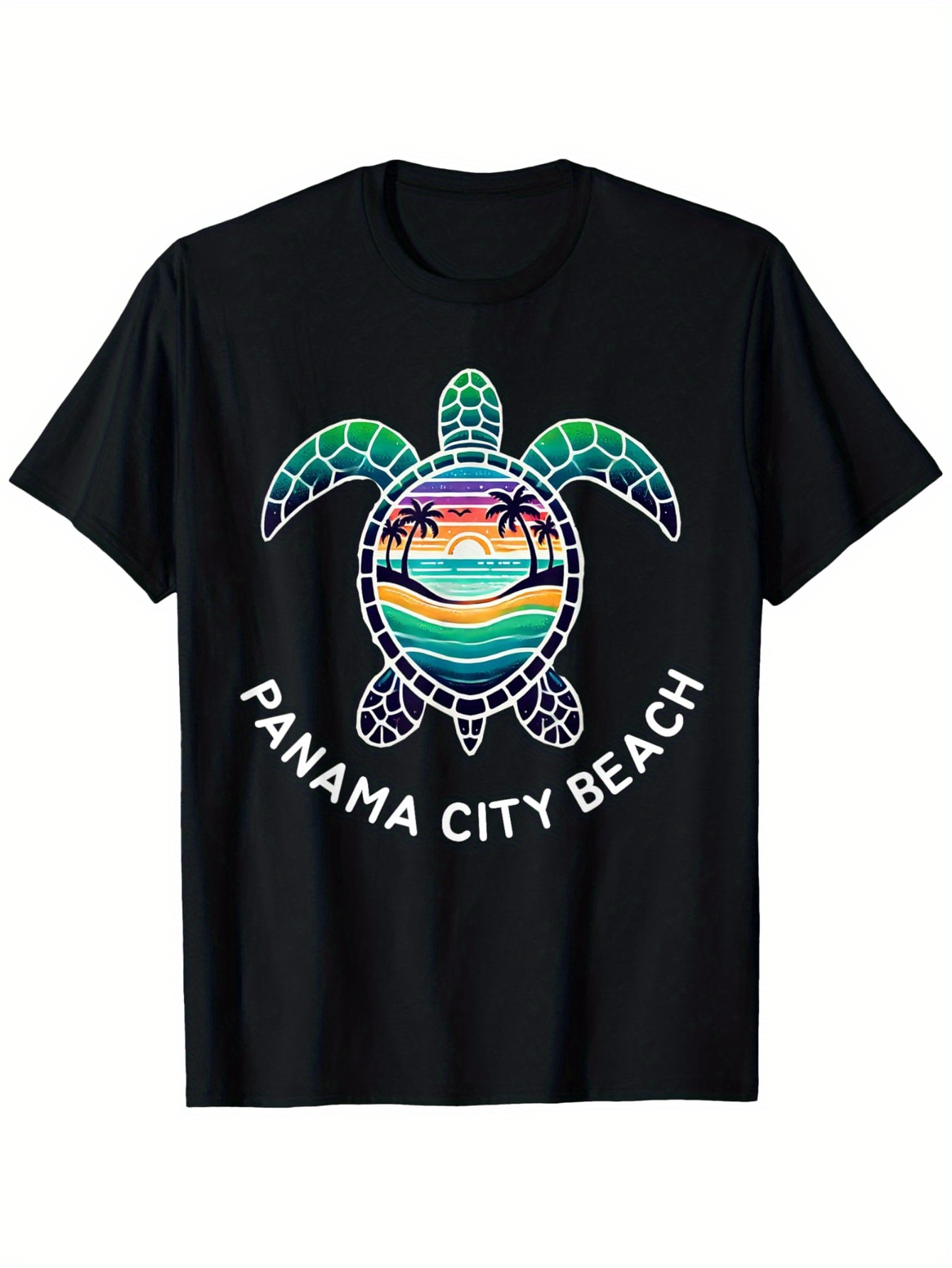 Men's Graphic T-Shirt Panama City Beach Sunset Reflection With Palms And Calm Sea Turtle