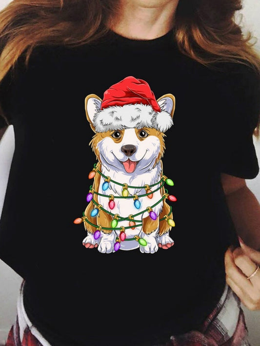 Women's Graphic T-Shirt Festive Holiday Lights Wrapped Around Smiling Puppy Dog