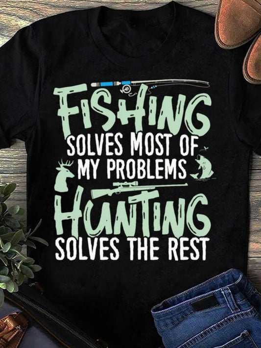 Women's Graphic T-Shirt Fishing And Hunting Theme With Rods Deer And Jumping Fish T Shirt