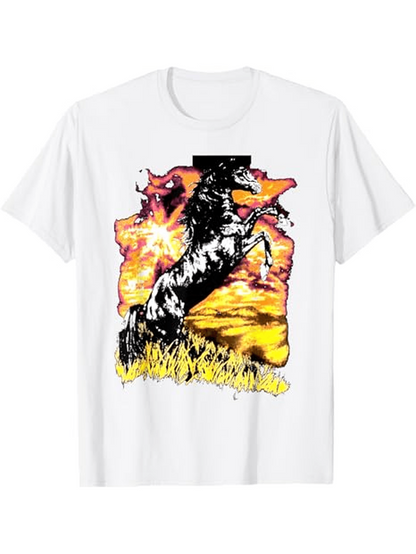 Men's Graphic T-Shirt Sunset Prairie With Wild Grasses Under Galloping Majestic Horse