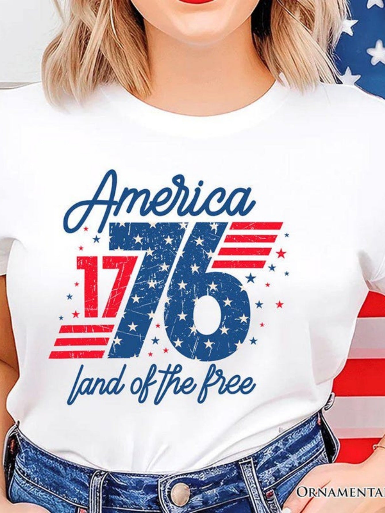 Women's Graphic T-Shirt America Land Of The Free With Stars And Red Blue Stripes Typography