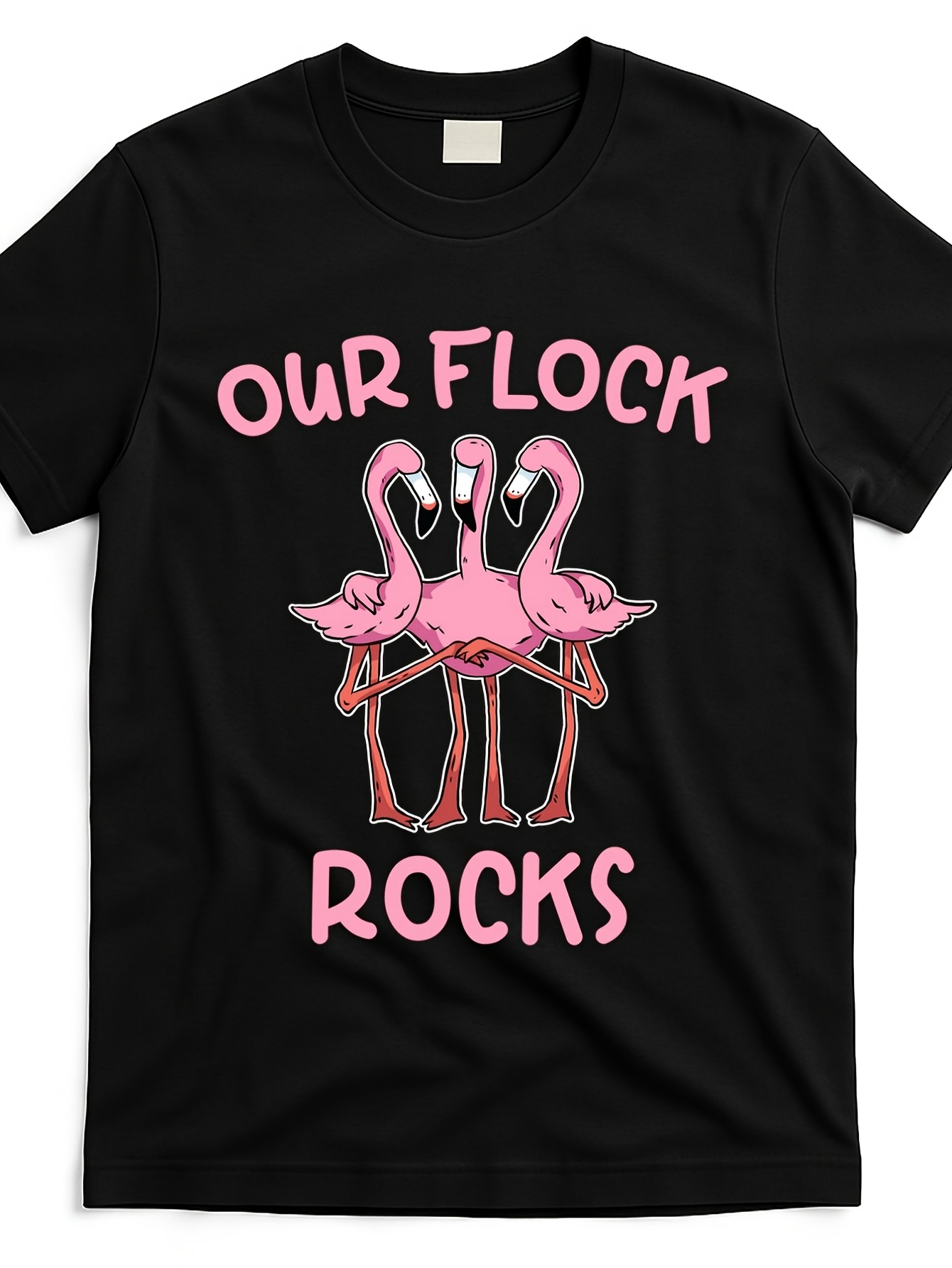 Men's Graphic T-Shirt Our Flock Rocks Pink Flamingos Standing Together Under Bright Lettering Flamingo