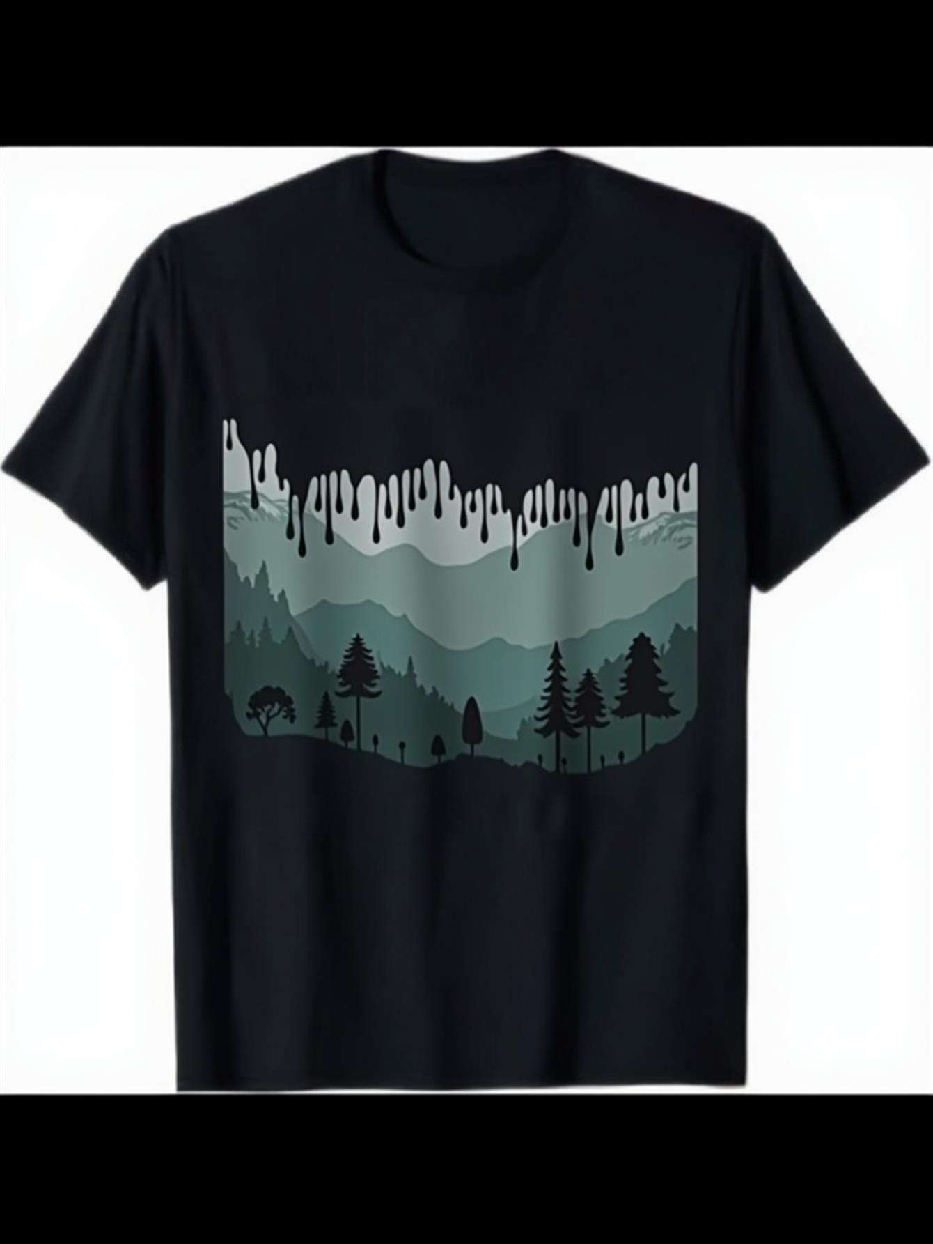 Men's Graphic T-Shirt Mountain Landscape With Dripping Snow Among Pine Trees Forest