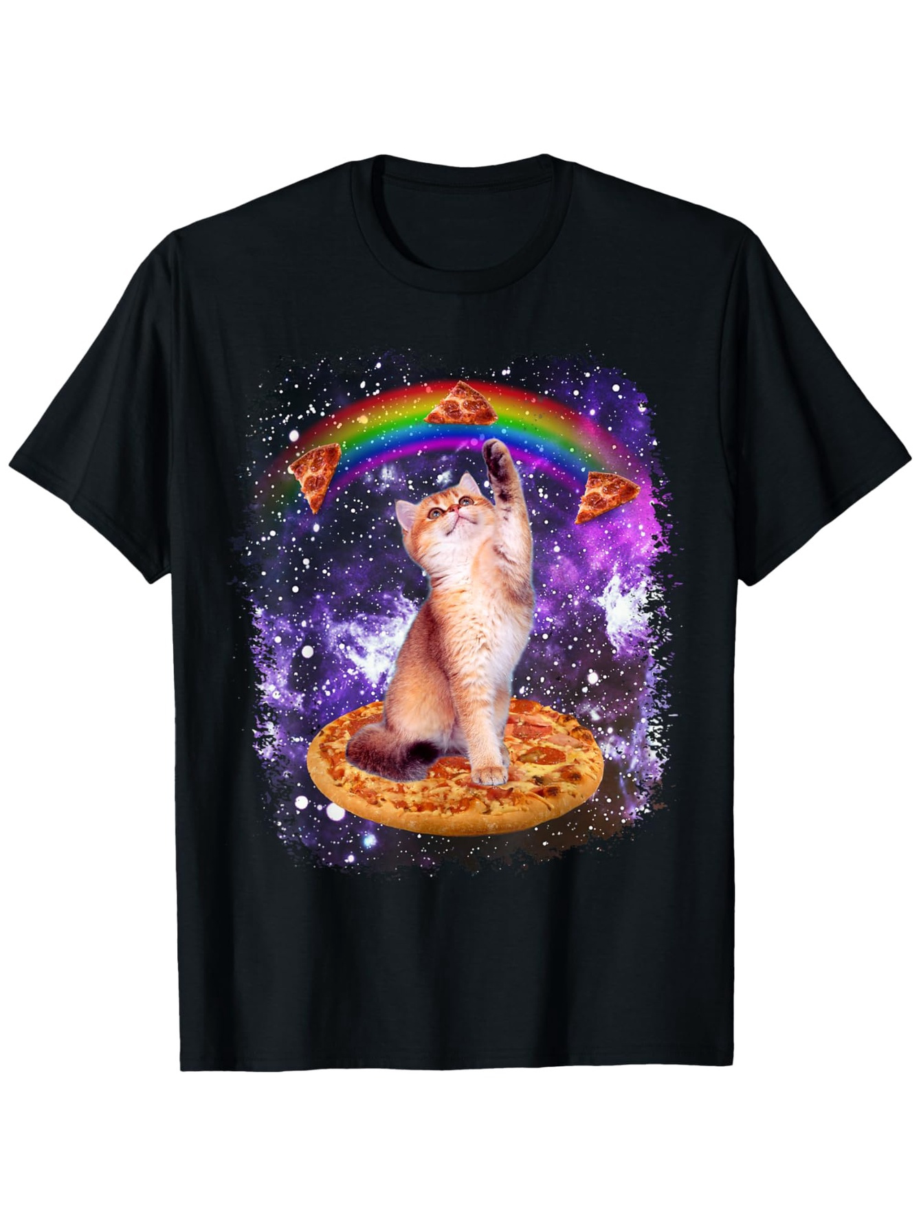 Men's Graphic T-Shirt Cosmic Rainbow Colors With Pizza Slices Radiating Behind Playful Cat