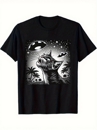 Men's Graphic T-Shirt Starry Sky With UFOs And Curious Cat Under Palm Trees Cat