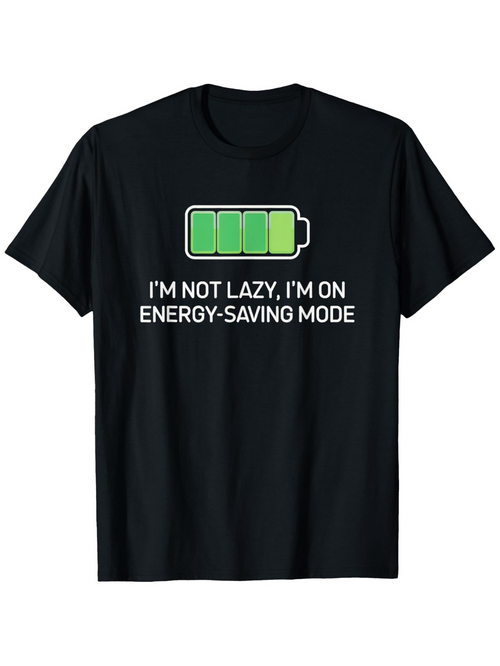 Men's Graphic T-Shirt Energy Saving Mode With Charged Green Battery On Black Shirt