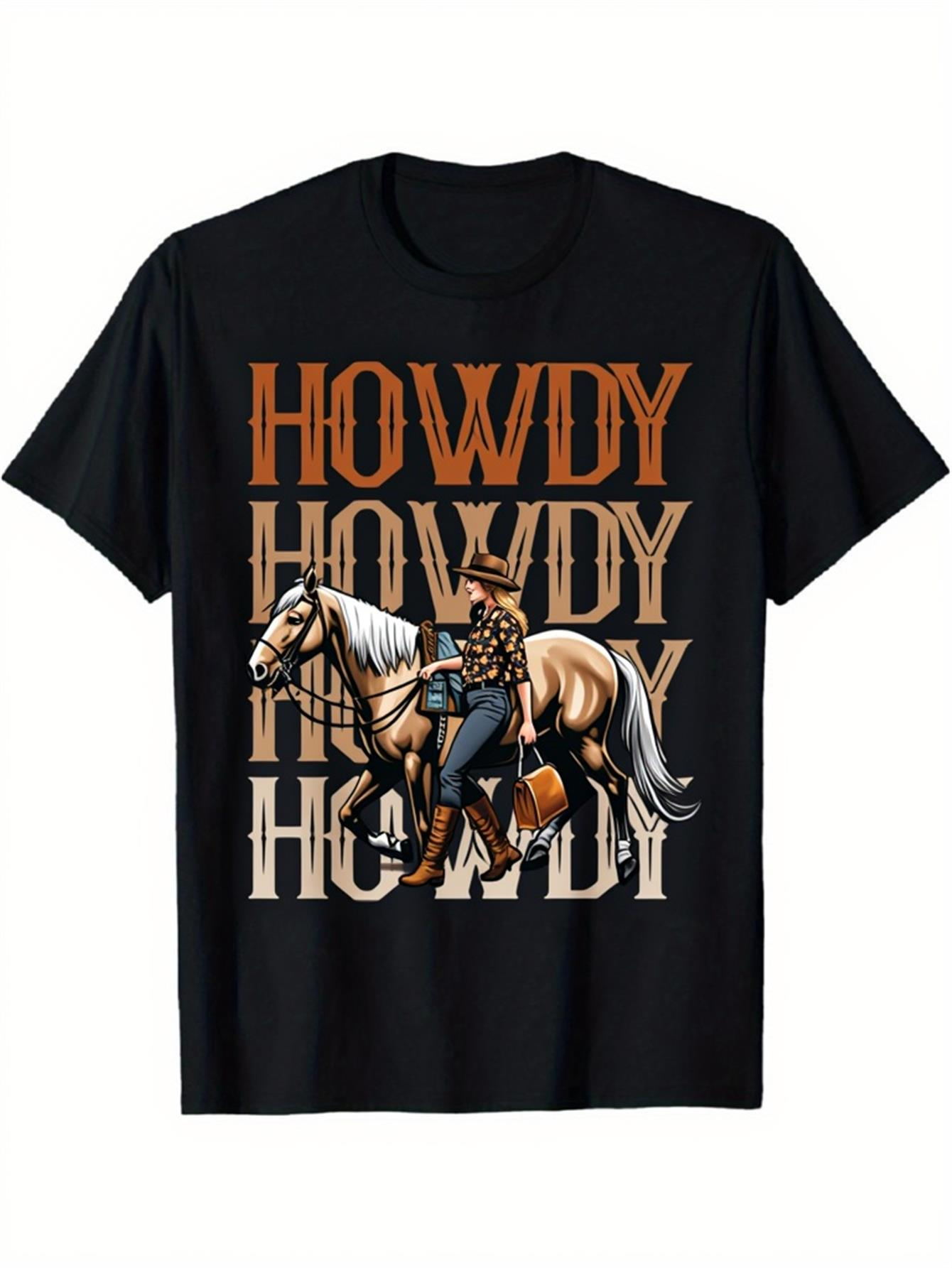 Men's Graphic T-Shirt Howdy Retro Lettering With Cowboy Leading Palomino Horse