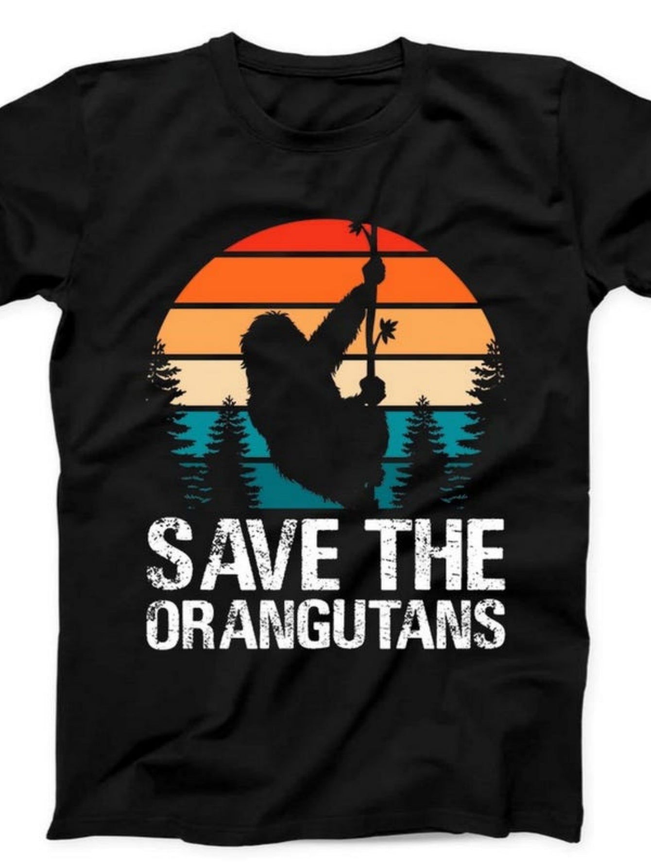Men's Graphic T-Shirt Save The Orangutans Retro Sunset With Forest Silhouette And Climbing Orangutan