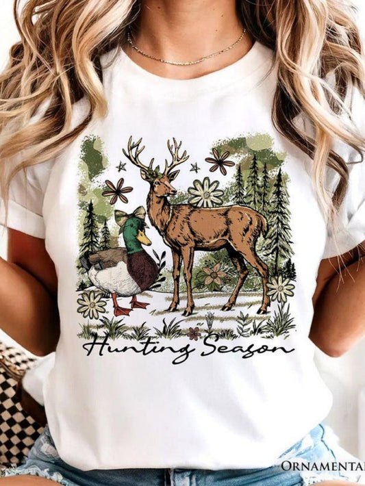Women's Graphic T-Shirt Hunting Season Forest Scene With Flowers Among Ducks And Majestic Deer