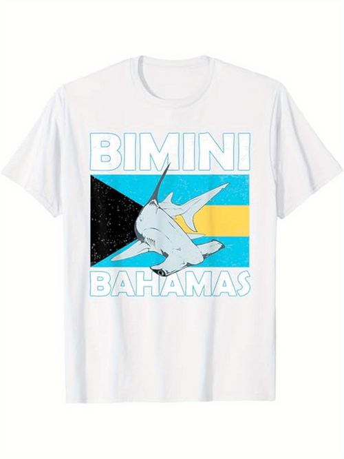 Men's Graphic T-Shirt Bimini Bahamas Vibrant Striped Water With Swimming Hammerhead Shark