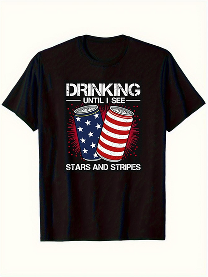 Men's Graphic T-Shirt Drinking Until I See Stars And Stripes With Patriotic Soda Cans Surrounded By Sparkling Lights