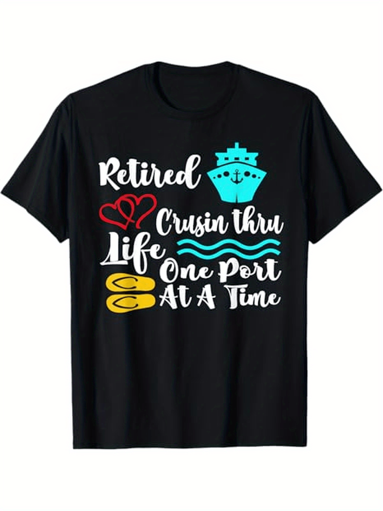 Men's Graphic T-Shirt Retired Cruisin Thru Life With Cartoon Cruise Ship And Floating Waves