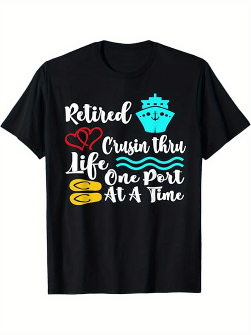 Men's Graphic T-Shirt Retired Cruisin Thru Life With Cartoon Cruise Ship And Floating Waves