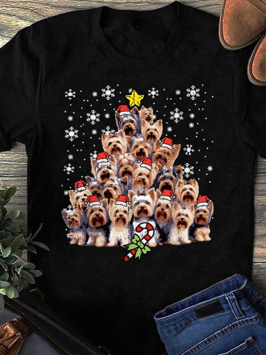 Women's Graphic T-Shirt Christmas Tree Formed By Yorkshire Terriers Wearing Santa Hats Surrounded By Snowflakes