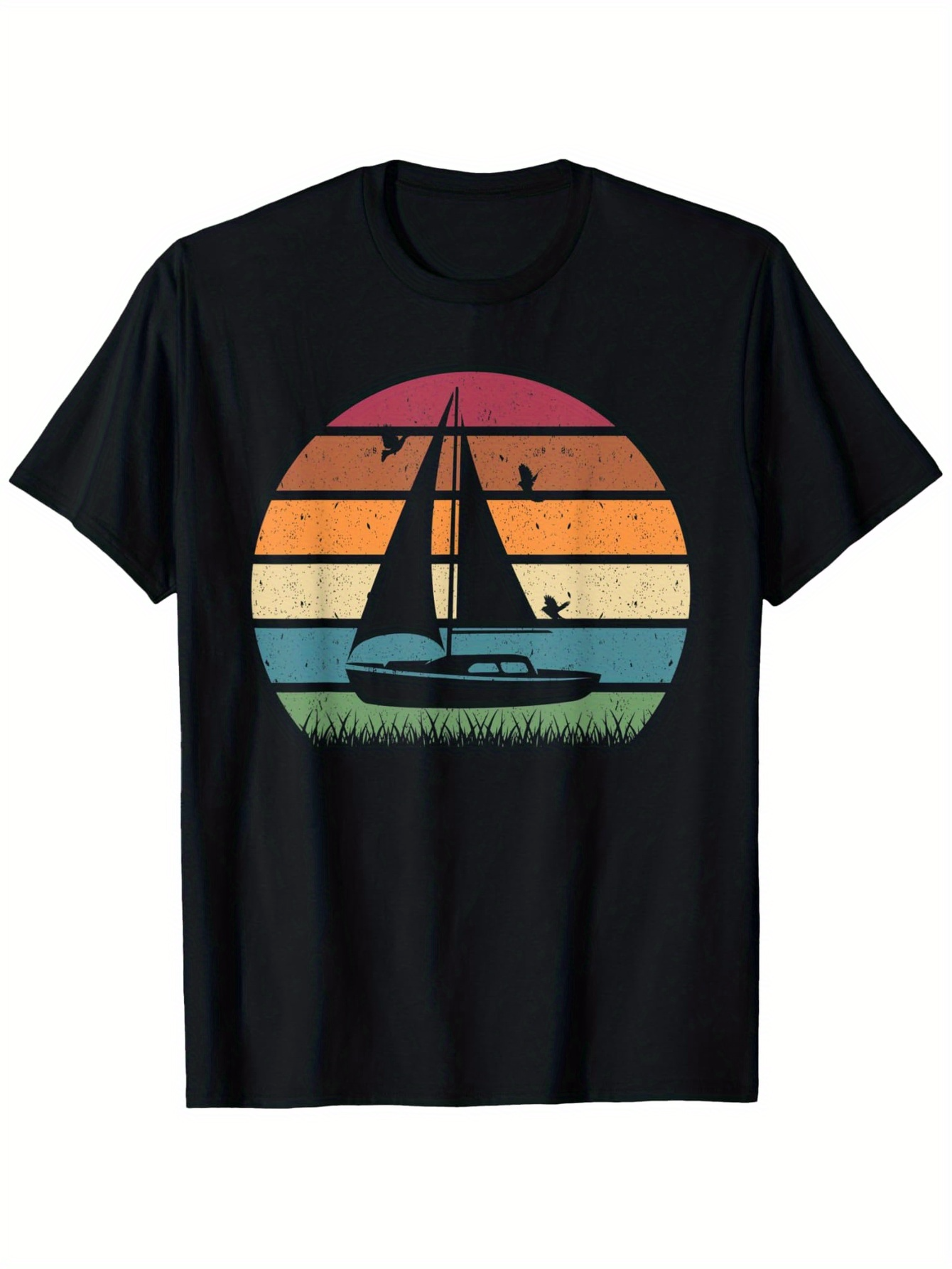 Men's Graphic T-Shirt Sailing At Sunset With Gradient Stripes And Flying Birds Sailboat