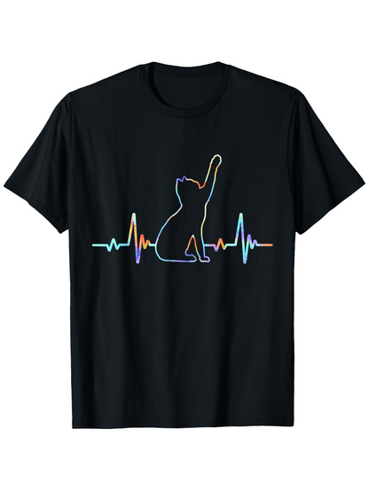 Men's Graphic T-Shirt Neon Pulse Line With Playful Cat Silhouette Sitting Among Vibrant Heartbeat