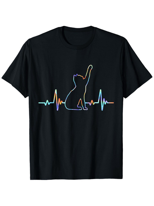 Men's Graphic T-Shirt Neon Pulse Line With Playful Cat Silhouette Sitting Among Vibrant Heartbeat