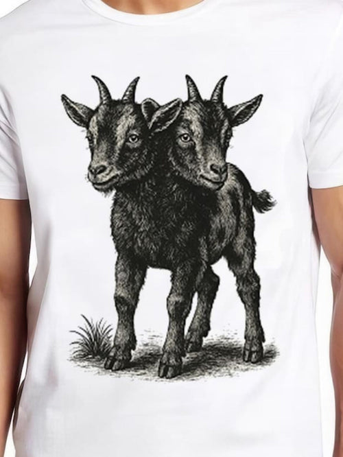 Men's Graphic T-Shirt Vintage Ink Illustration Of Two Headed Standing Goat