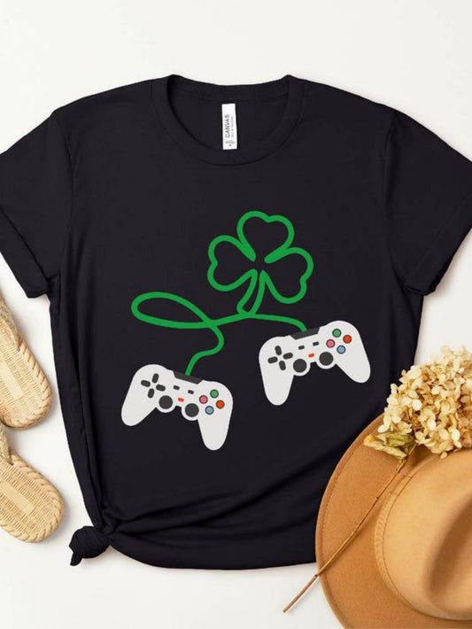 Women's Graphic T-Shirt Lucky Four Leaf Clover Connected With Gaming Controllers