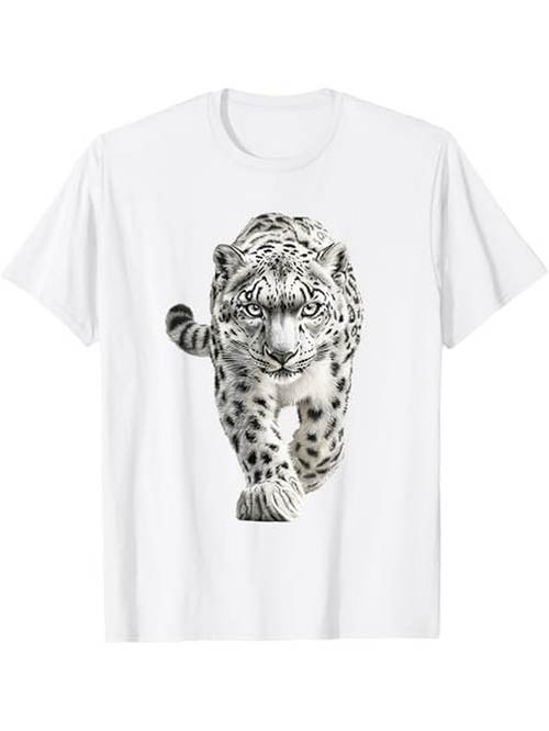 Men's Graphic T-Shirt Monochrome Realistic Walking Snow Leopard Illustration Shirt