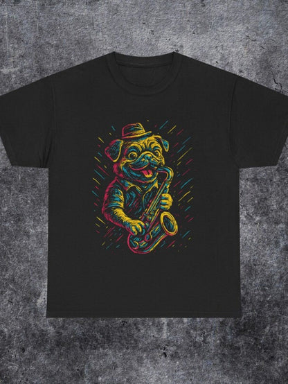 Men's Graphic T-Shirt Colorful Lights With Playful Hat Jazz Playing Musician Dog