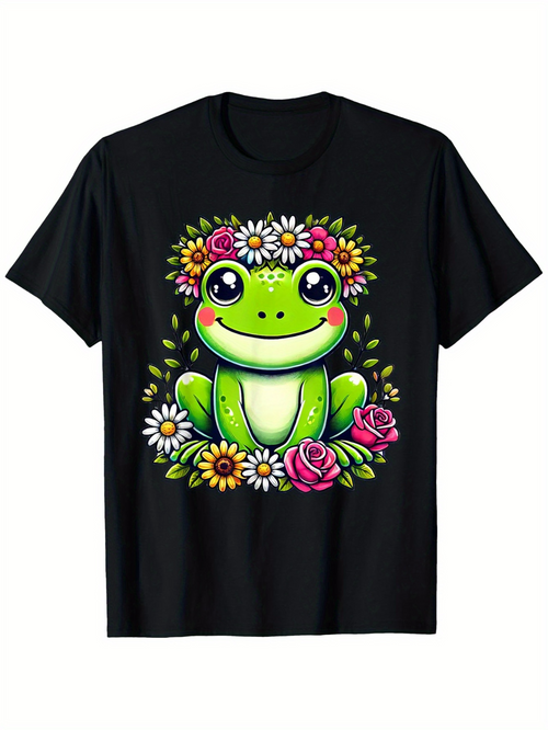 Men's Graphic T-Shirt Cartoon Frog With Colorful Blossoms And Bright Daisy And Rose Flowers Frog