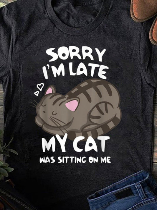 Women's Graphic T-Shirt Sorry Im Late My Cat Was Sitting On Me Cozy Brown Tabby Sleeping Cat
