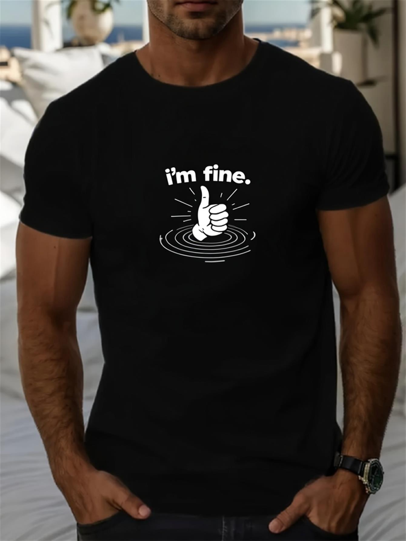 Men's Graphic T-Shirt Im Fine Sinking Thumb Up Hand Surrounded By Water Ripples
