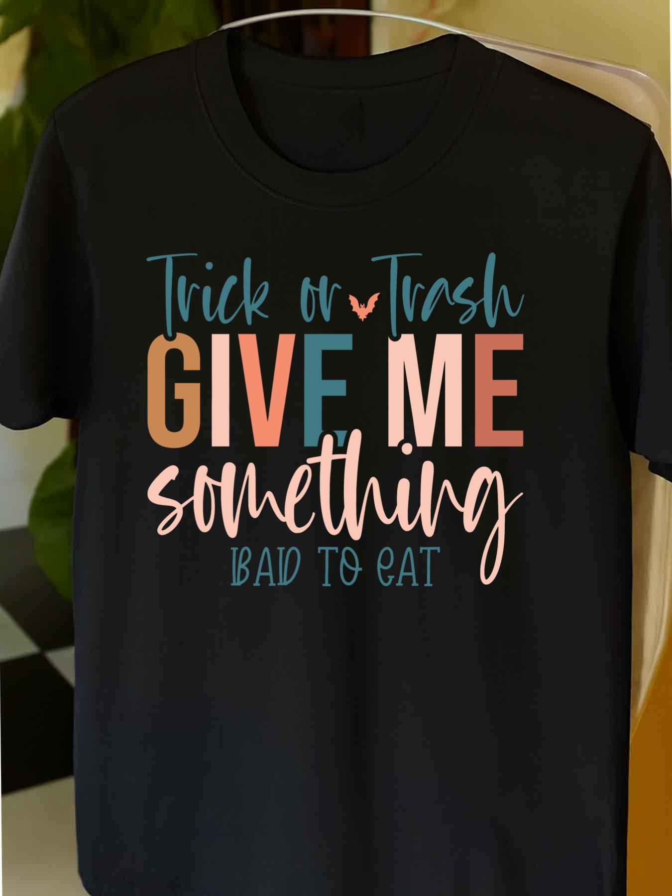 Men's Graphic T-Shirt Trick Or Trash Give Me Something Bad To Eat Handwritten Playful Letters Over Black T Shirt
