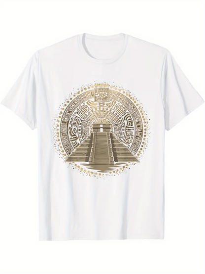 Men's Graphic T-Shirt Ancient Gold Circular Sun Pattern With Stone Temple Among Mystical Symbols Pyramid