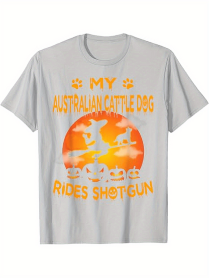 Men's Graphic T-Shirt My Australian Cattle Dog Rides Shotgun Bright Sunset With Dog Silhouette Scenery