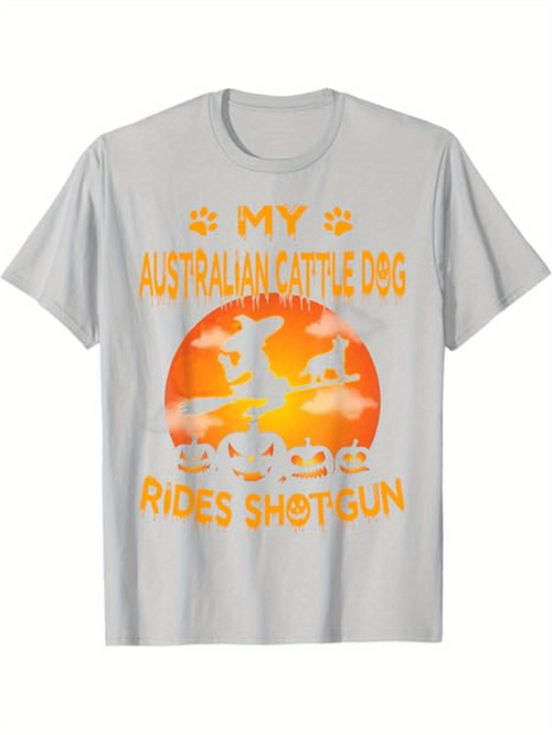 Men's Graphic T-Shirt My Australian Cattle Dog Rides Shotgun Bright Sunset With Dog Silhouette Scenery