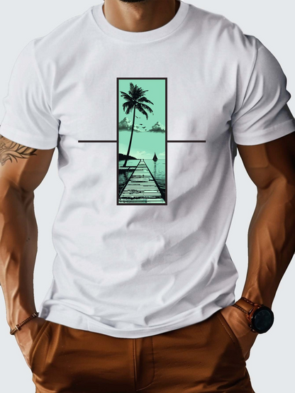 Men's Graphic T-Shirt Peaceful Blue Sky With Palm Trees And Tranquil Ocean Pier