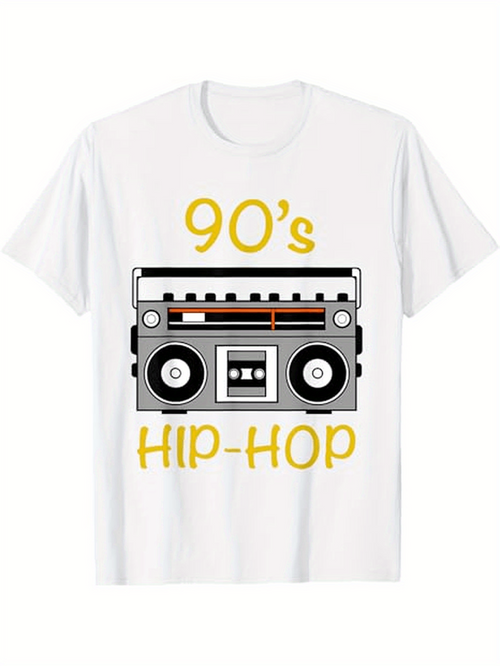 Men's Graphic T-Shirt Nostalgic Yellow Print With Vintage Boombox Celebrating 90s Hip Hop Era Boombox
