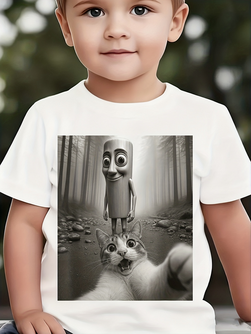 Men's Graphic T-Shirt Surreal Forest Scene With Cartoon Figure And Playful Selfie Cat