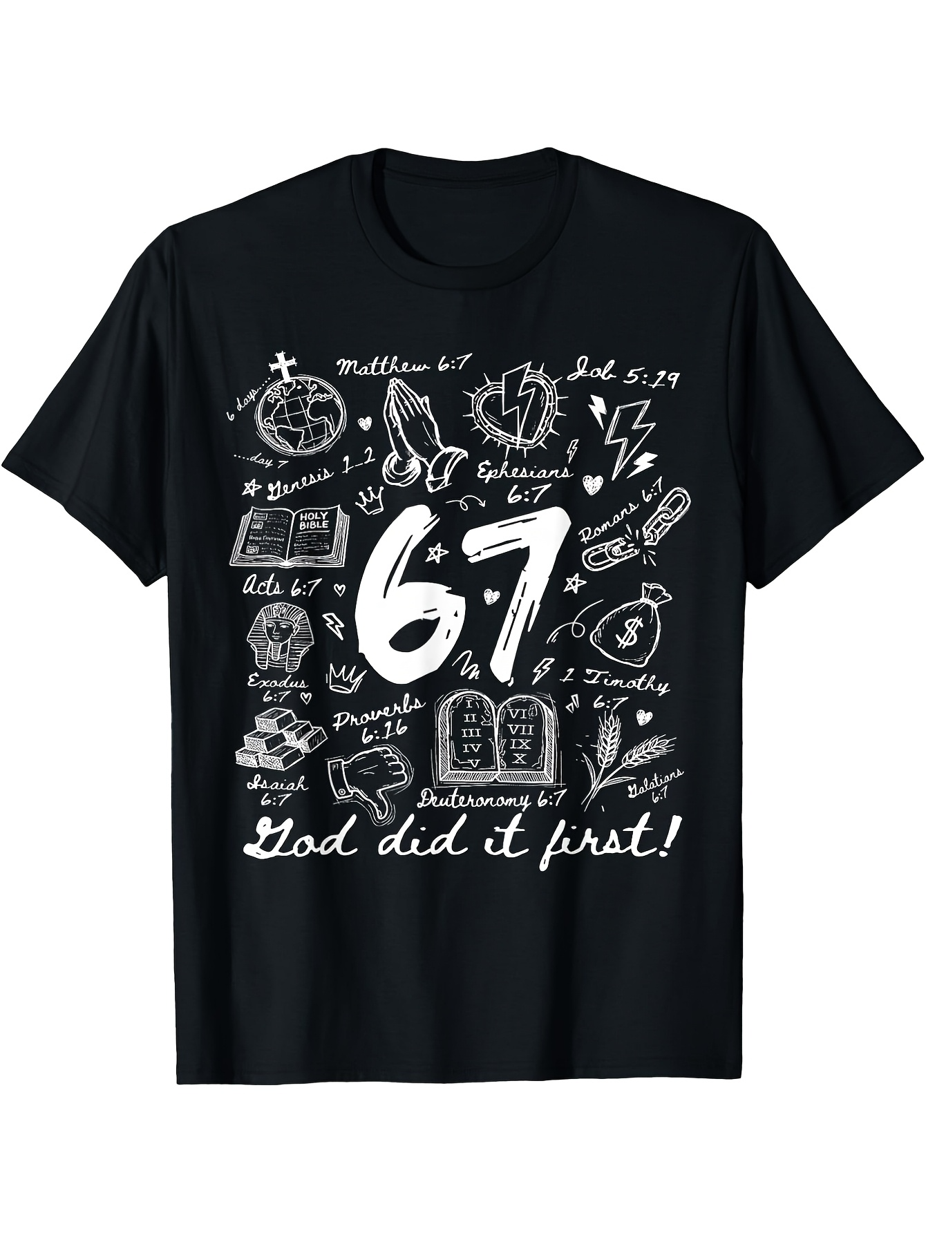 Men's Graphic T-Shirt God Did It First Artistic Doodles With Spiritual Symbols Surrounding Large Bold Numbers T Shirt